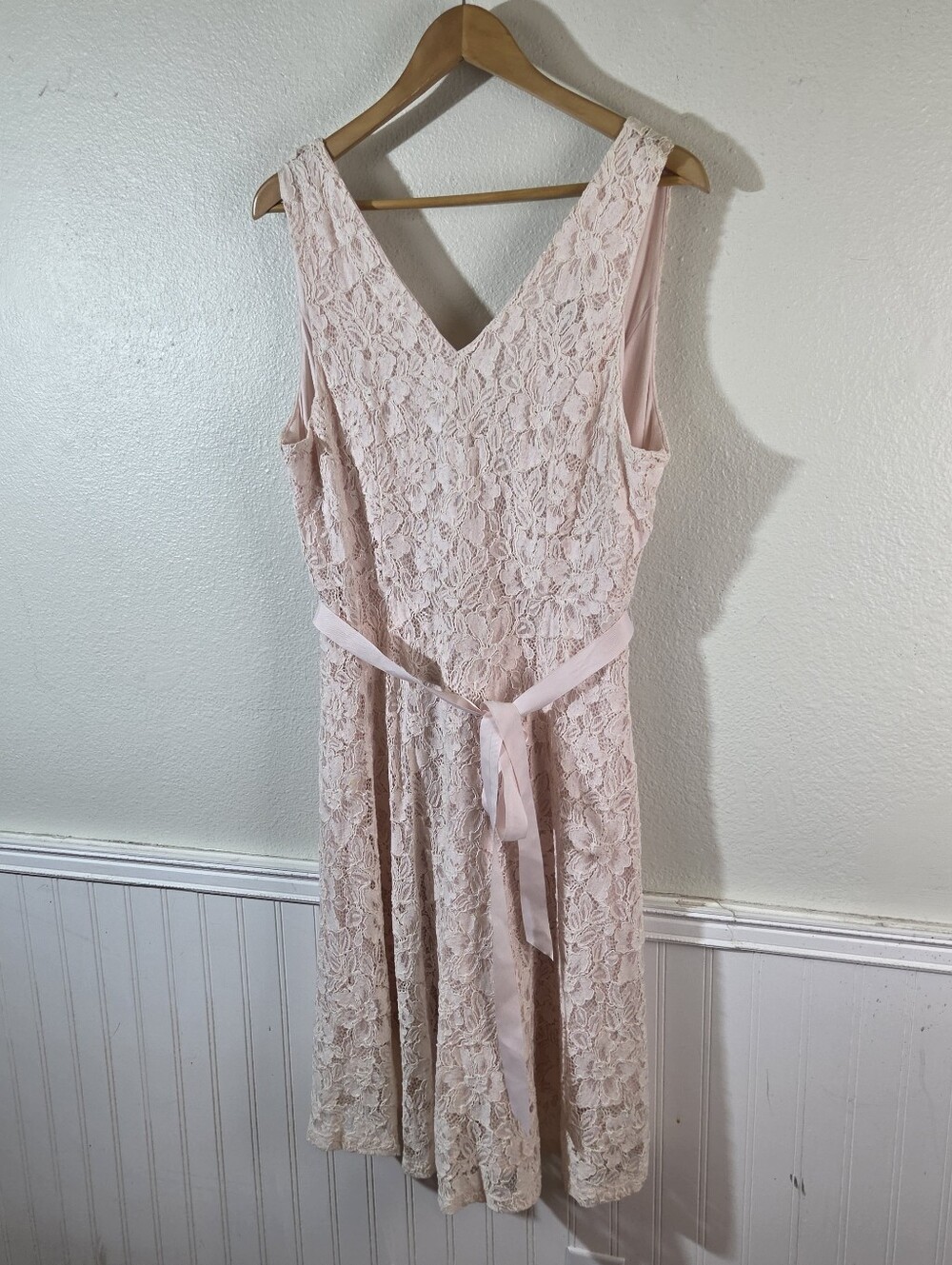 Lane Bryant Womens 14 Pink Lace Dress Sleeveless Midi Fit Flare Ribbon Belt - Picture 4 of 13